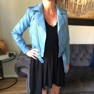 Zara sky blue vegan leather moto jacket.